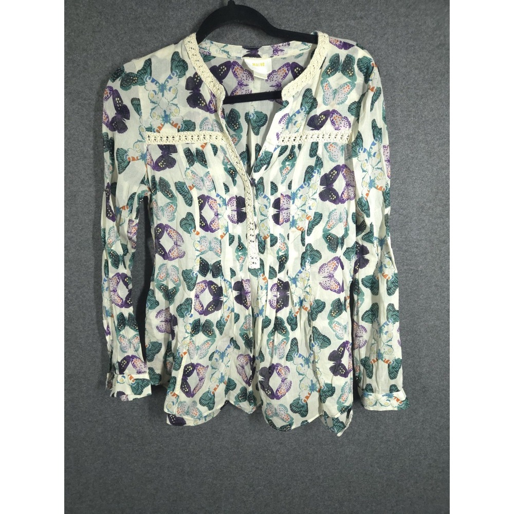 Anthropologie Maeve Abella Womens Button Blouse Top Size 4‎ Butterfly Rolltab
